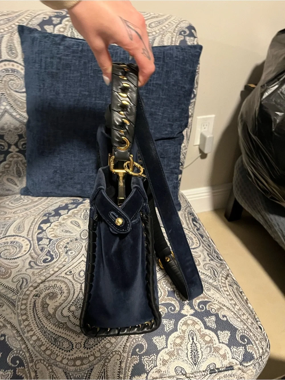 Women's dark turquoise Blue Velvet Top-Handle Satchel with Gold Hardware